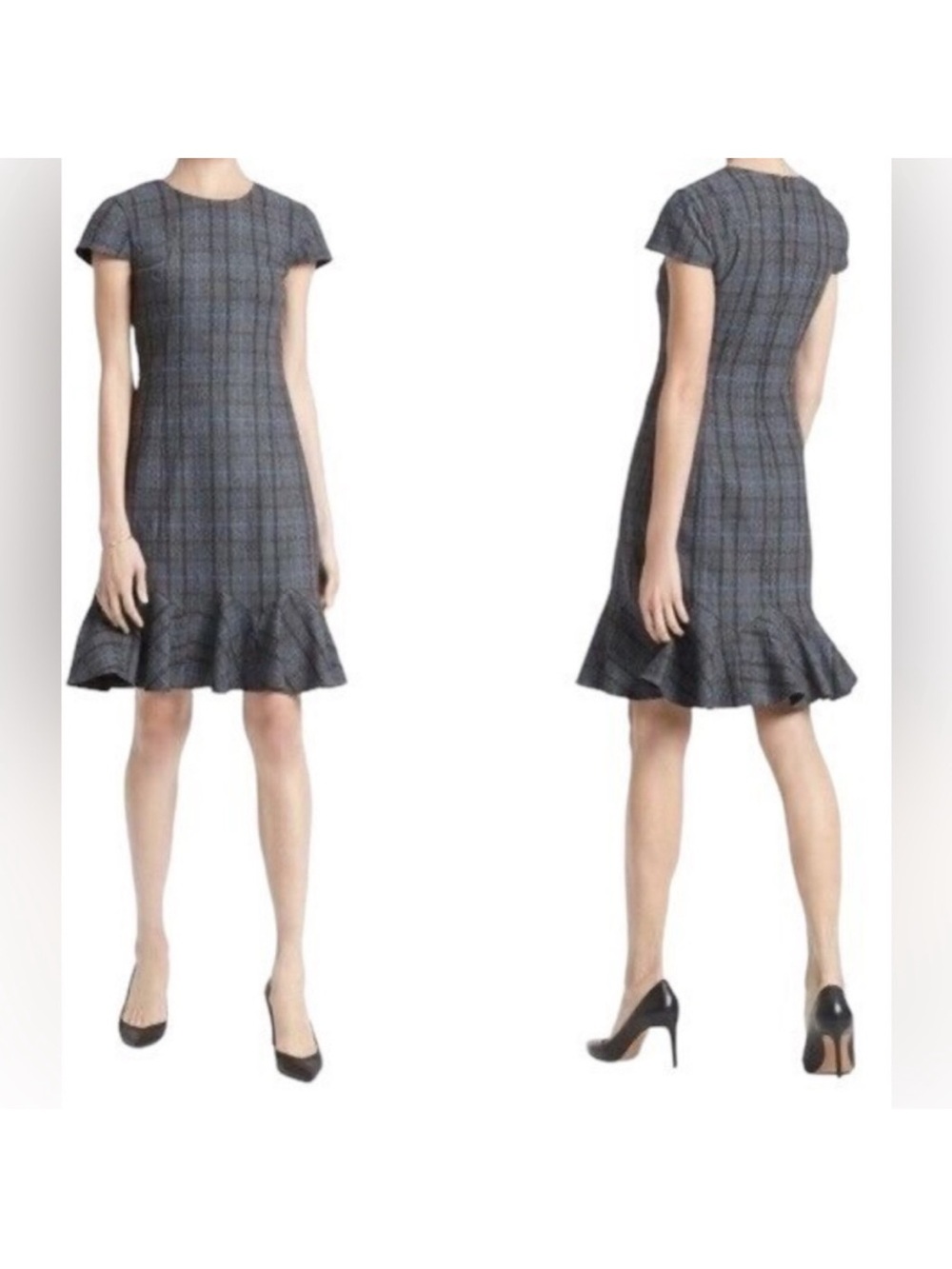 Banana Republic Gray/Blue Plaid Godet Flounce Cap-Sleeve Ruffle-Hem Dress Sz 4